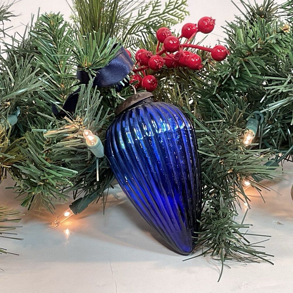 Kugel Style Ornament Teardrop Ribbed Glass Cobalt Blue Christmas Holiday 6”